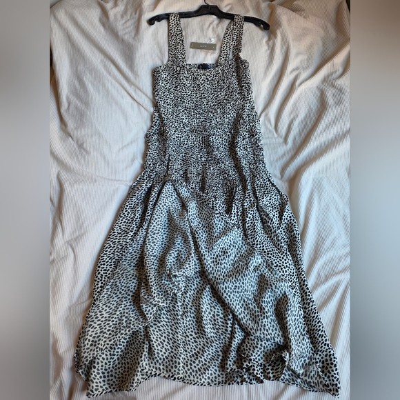 Jcrew Smocked Midi Dress Viscose In Spot Print Animal Spots Cream Black. - Picture 9 of 10